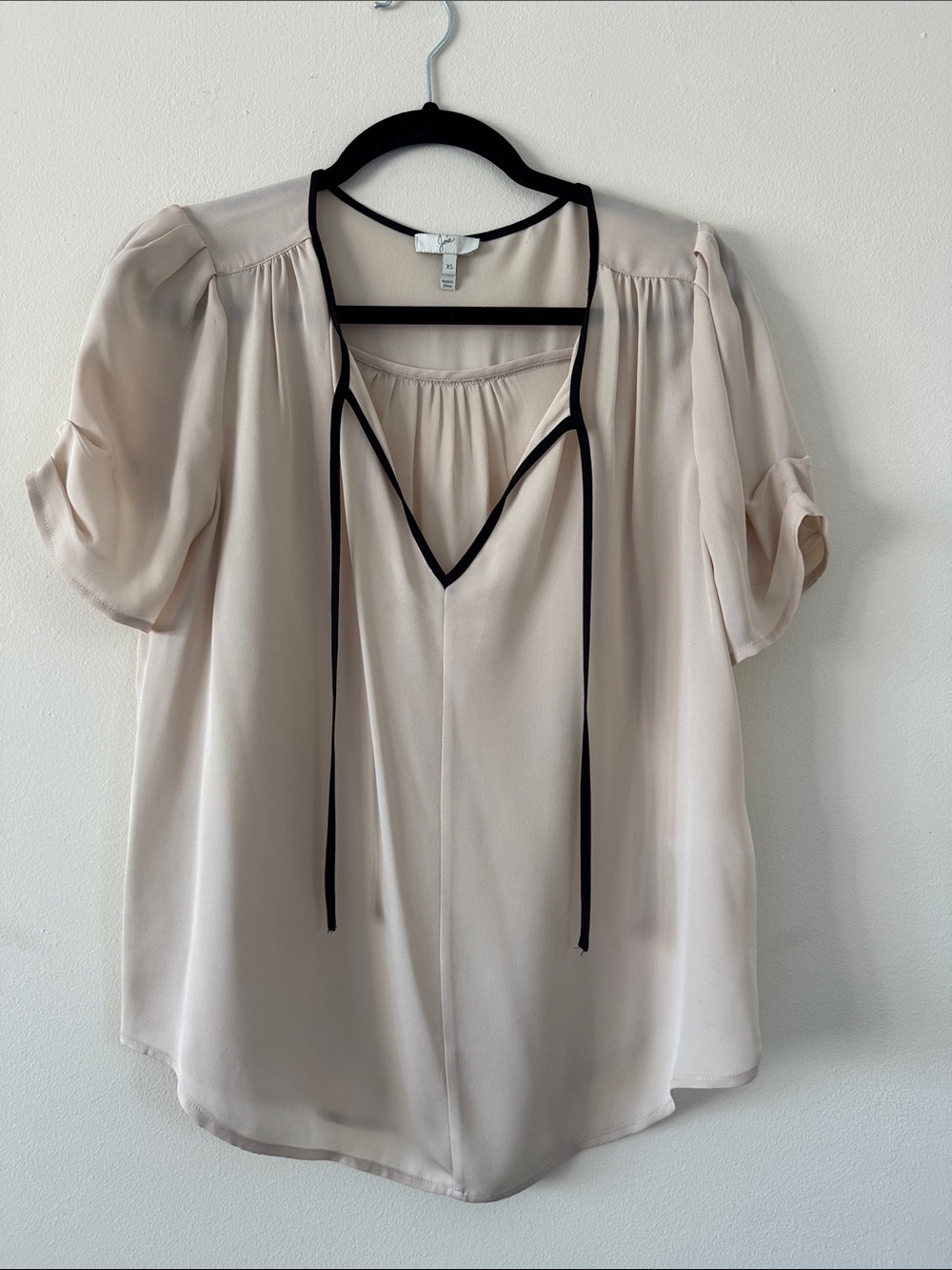 Joie Cream/Beige Blouse with Black Tie-Trim Very Chanel Vibe